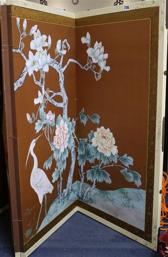 A four fold Japanese silk screen, H.91cm